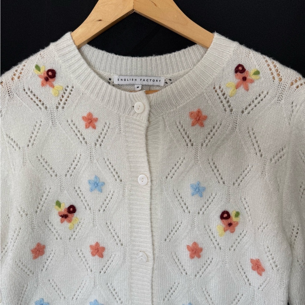 English Factory Floral Handmade Embroidery floral knit Cardigan pointelle - Picture 5 of 10